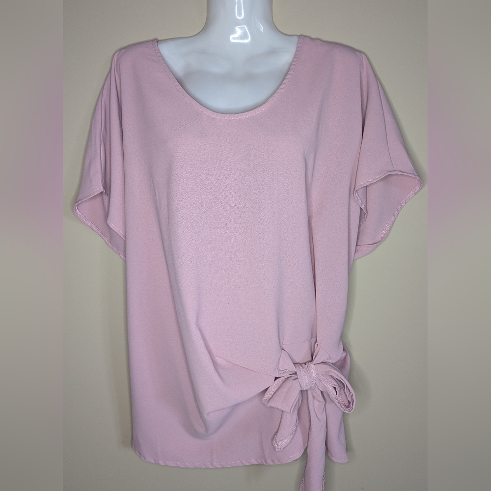 Pink Tie Waist Short Sleeve Blouse
